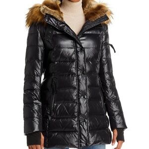 Aqua Shiny Black Puffer Jacket with Brown Faux Fur